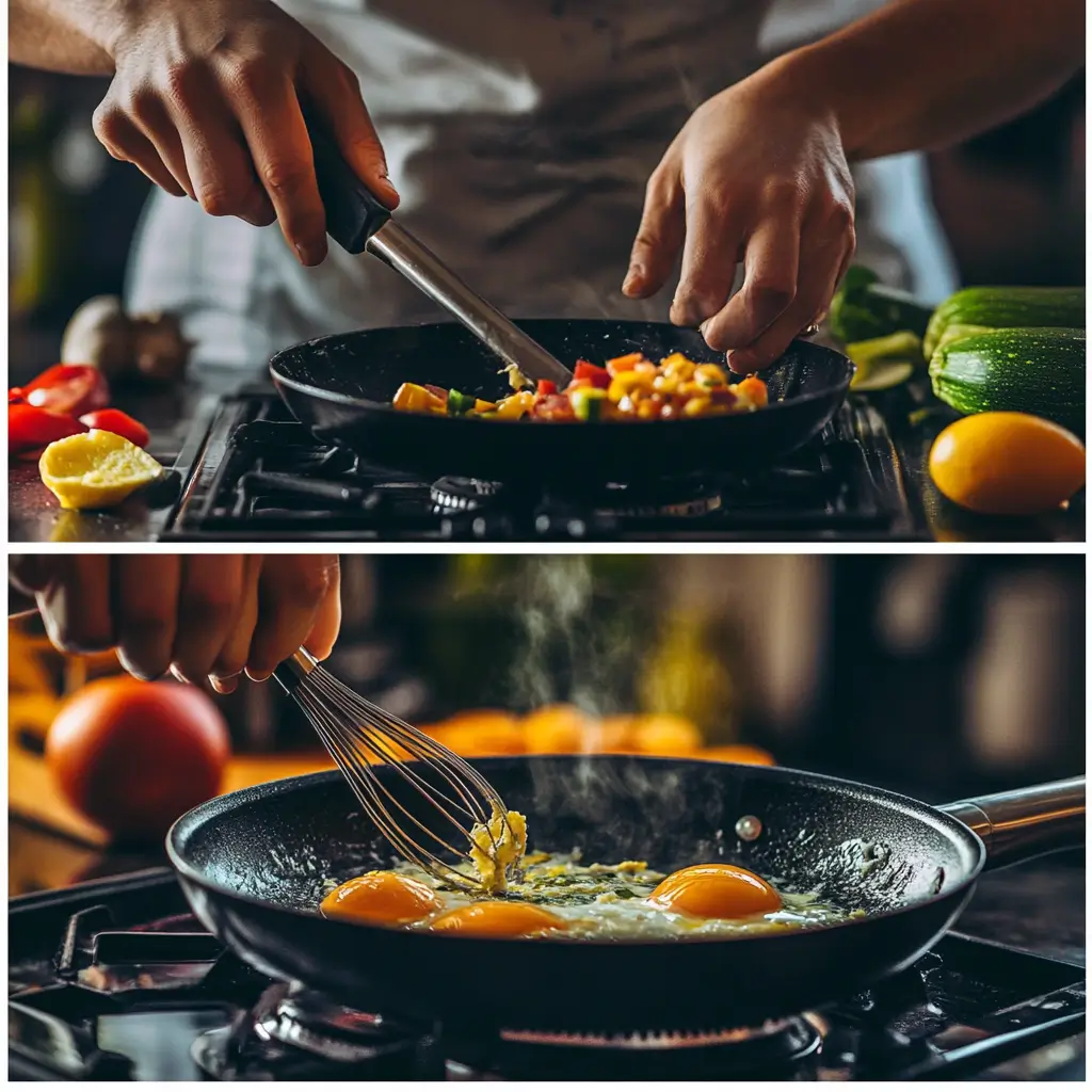 Preparing frittata in steps