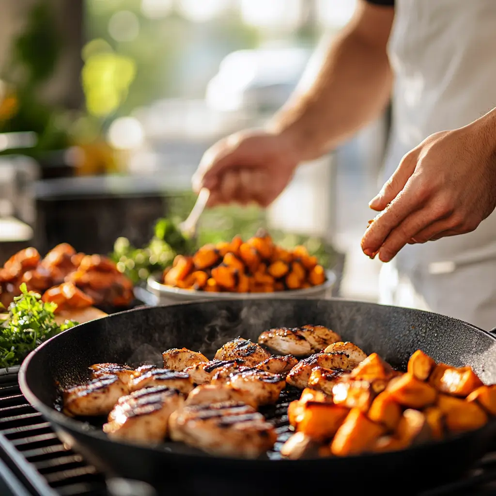 Hands preparing BBQ chicken and roasted sweet potatoes