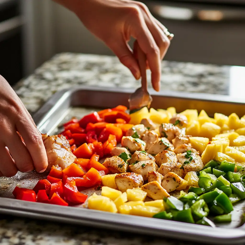 Preparing Hawaiian Chicken Sheet Pan with fresh ingredients