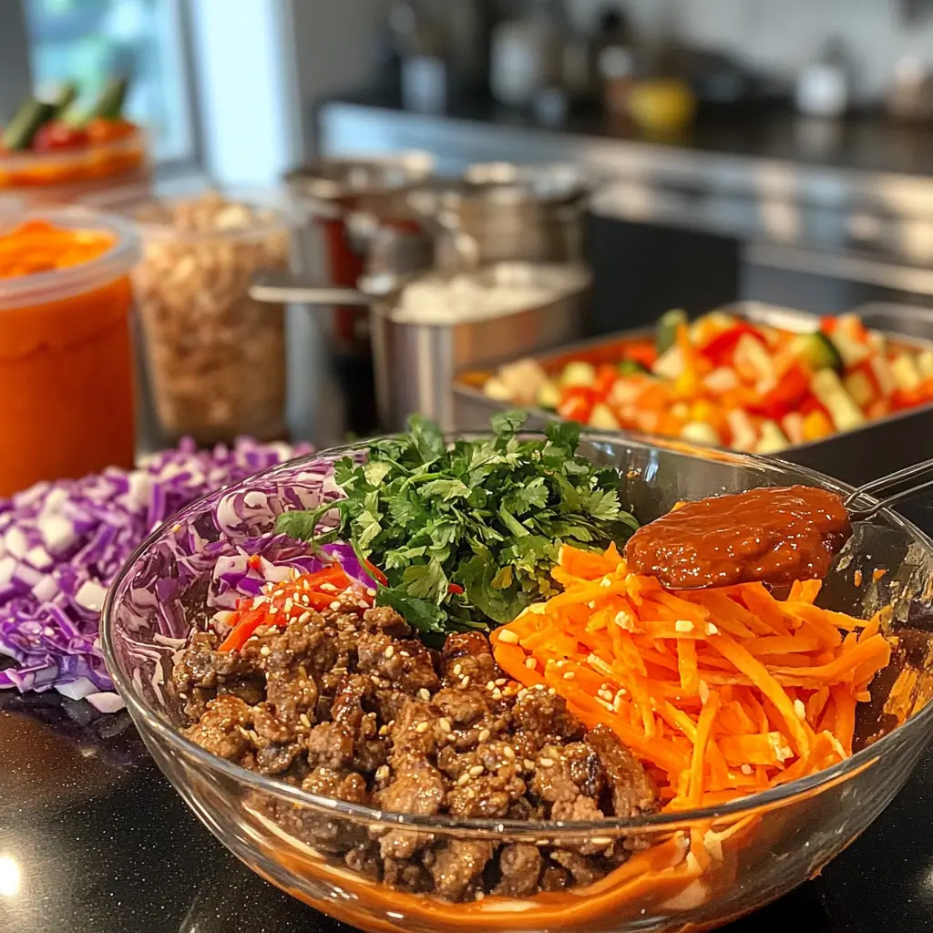 Step-by-step preparation of burger bowls in a bright kitchen.