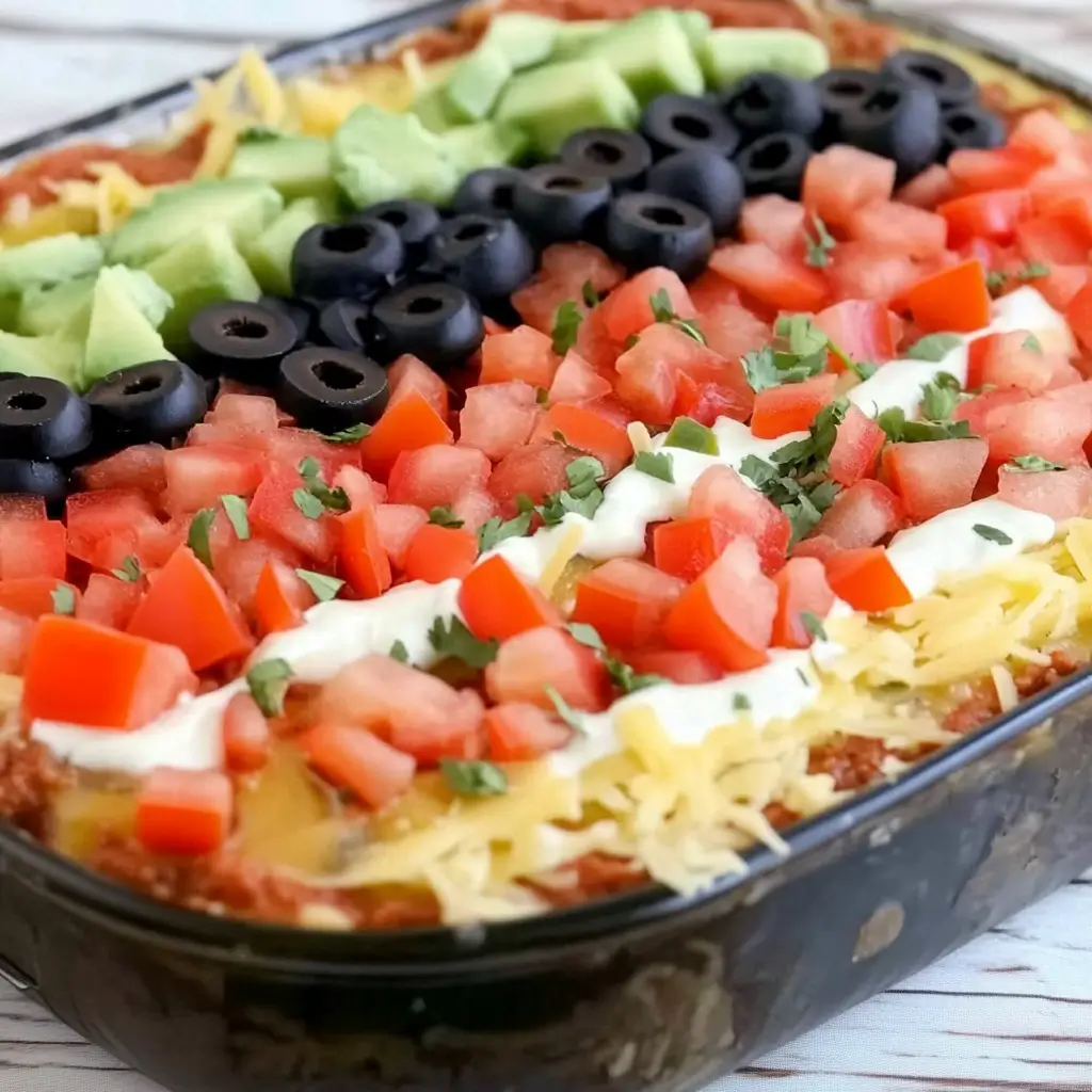 American Flag Taco Dip with festive toppings and chips