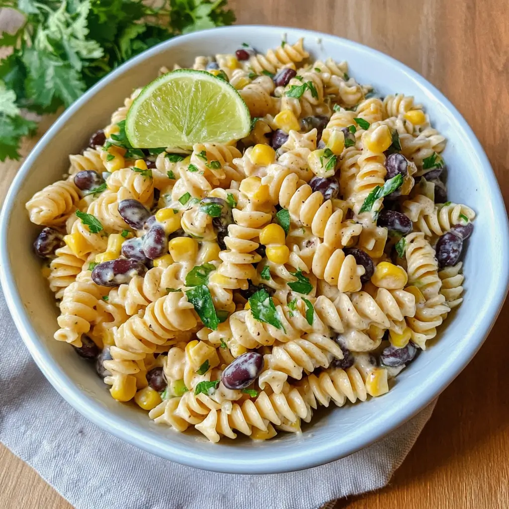Black Bean Corn Pasta Salad in a bowl with fresh lime