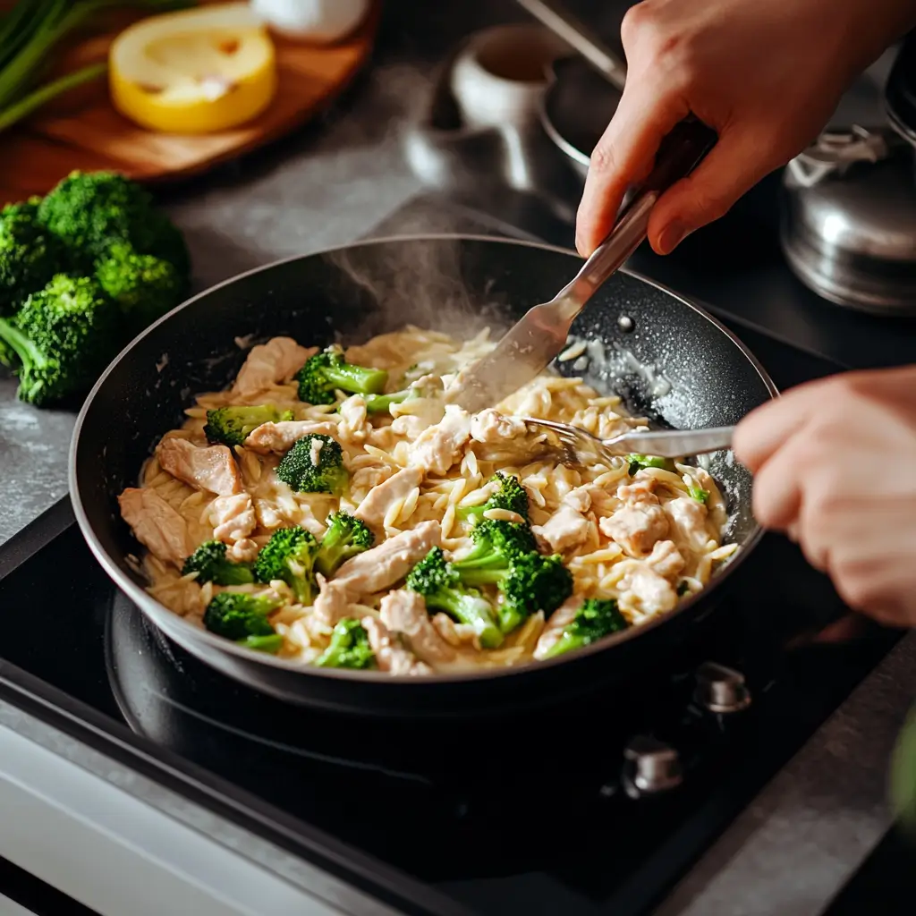 Cooking cheesy chicken broccoli orzo in a skillet
