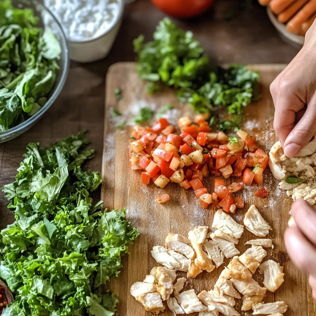 Assembling Ingredients for Chicken Caesar Flatbread