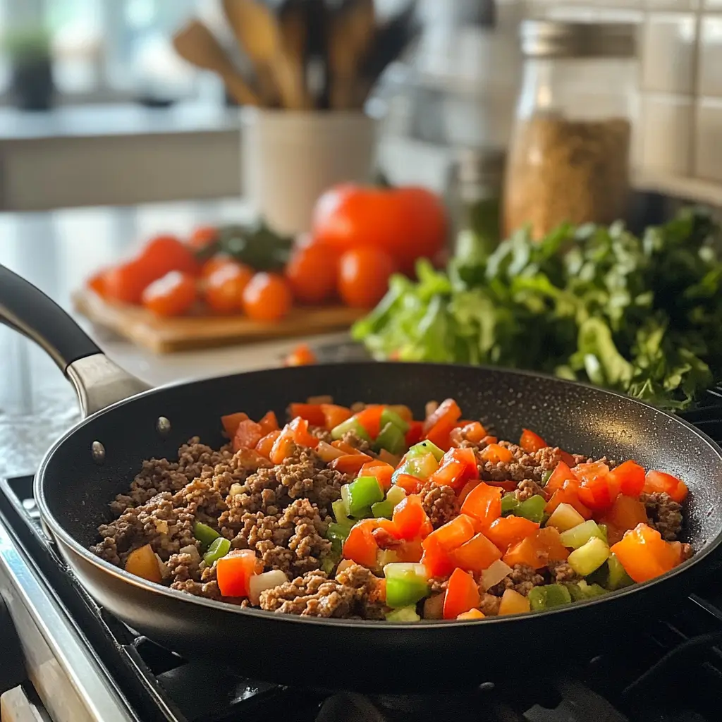 Cooking burger bowls with beef, fresh vegetables, and sauce