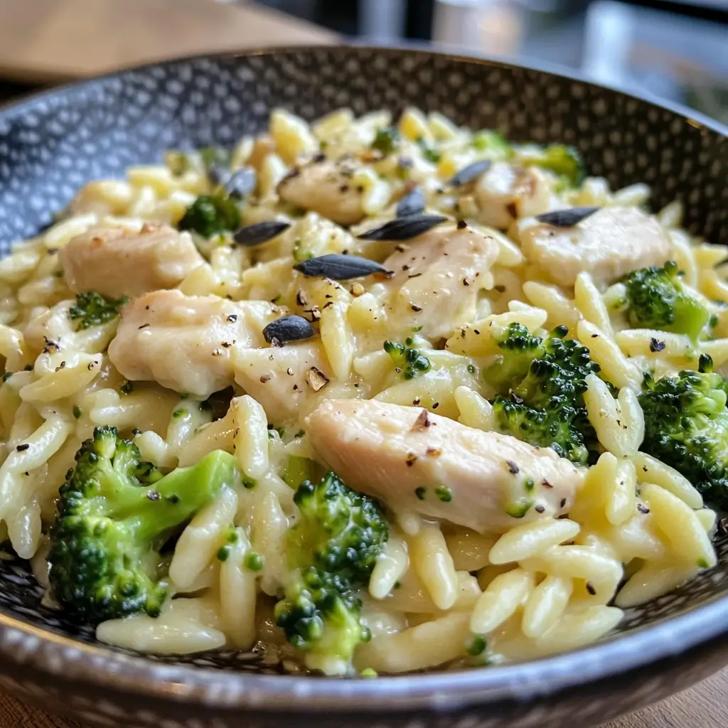 Cheesy Chicken Broccoli Orzo (Summer Comfort in a Bowl)