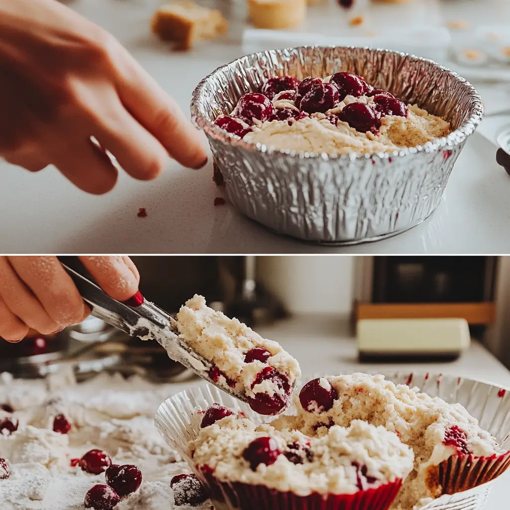 Chef preparing cherry crumb cake in kitchen