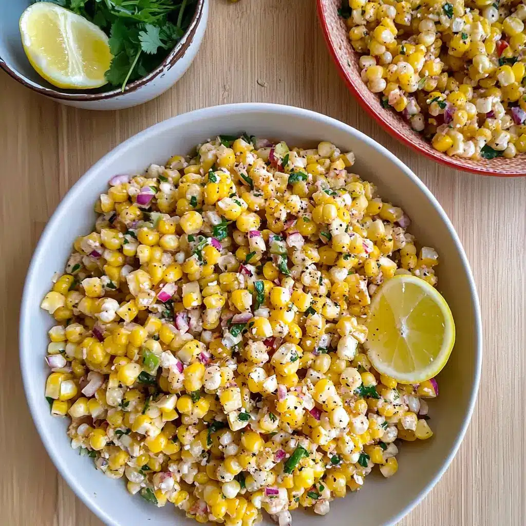 Elote Corn Salad served in a bowl with lime and Cotija cheese