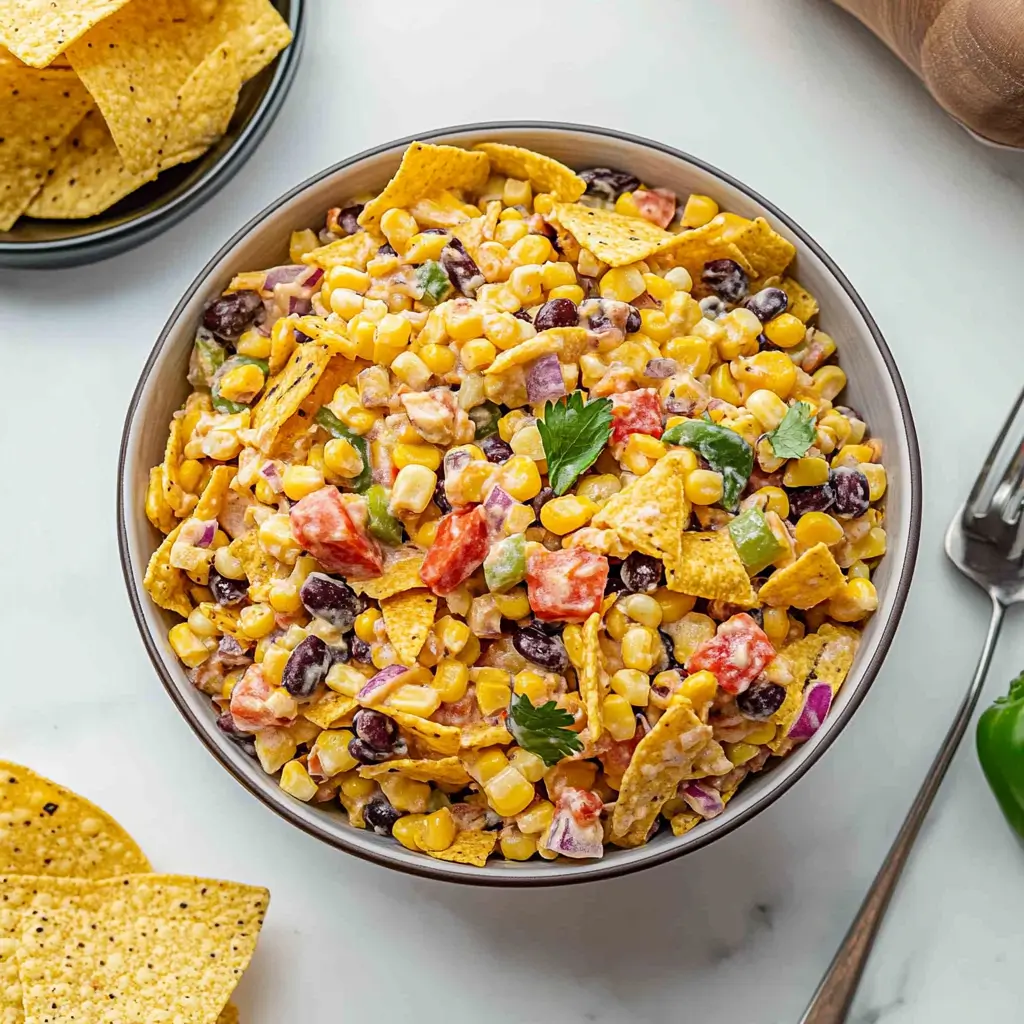 A classic American summer salad featuring sweet corn, creamy dressing, and crunchy corn chips, served at an outdoor barbecue table.