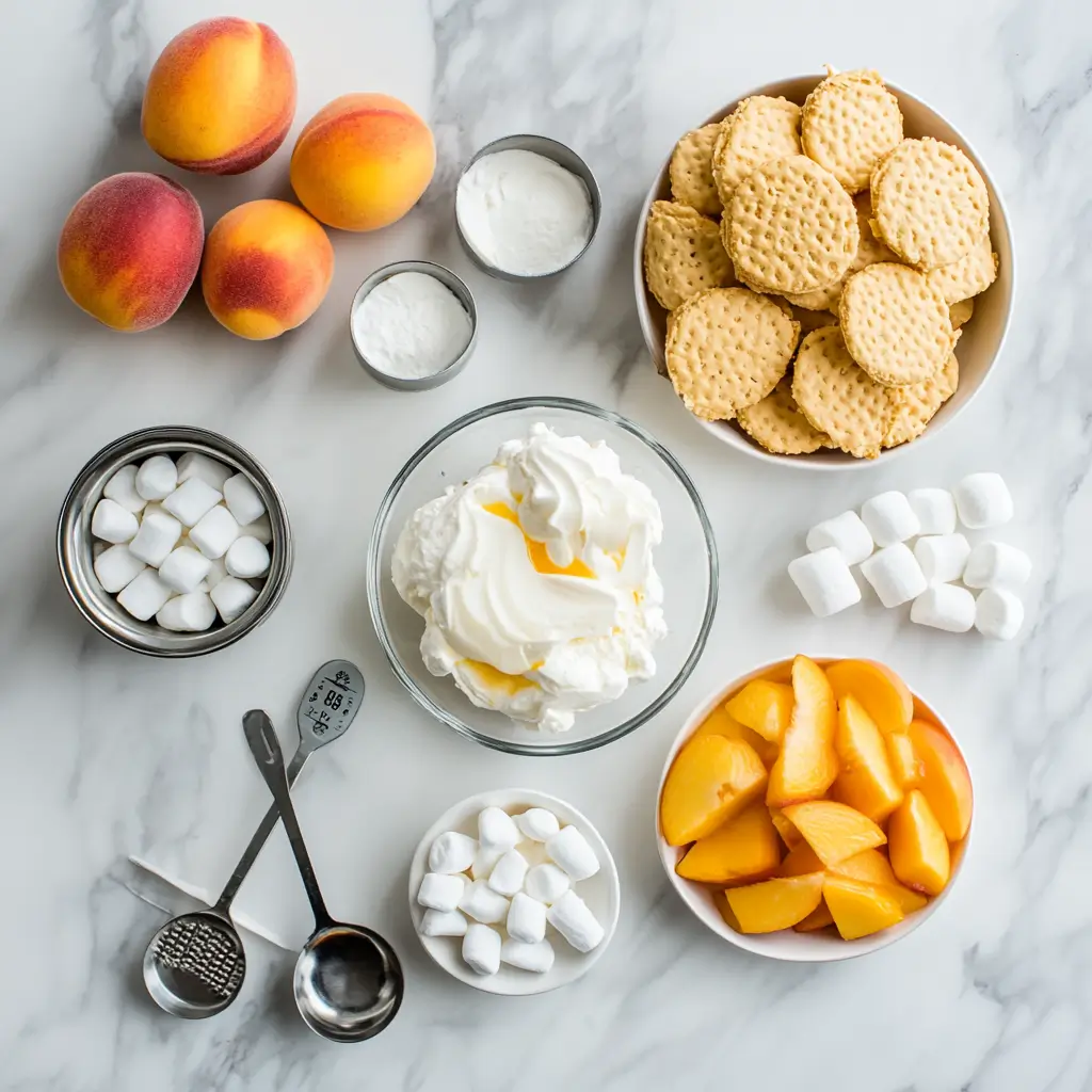 Cream cheese, peaches, whipped topping, and more for the perfect fruit salad