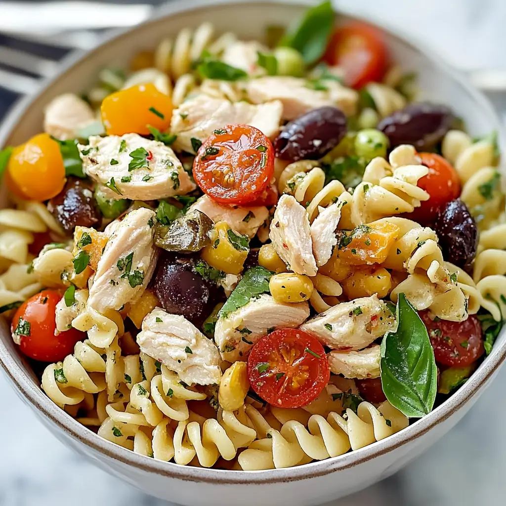 Mediterranean Chicken Pasta Salad on a rustic summer table