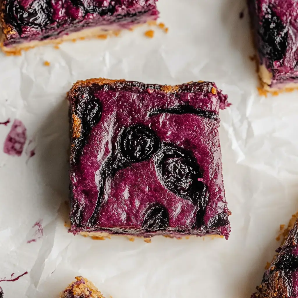 Mulberry cheesecake squares on a plate with spring flowers