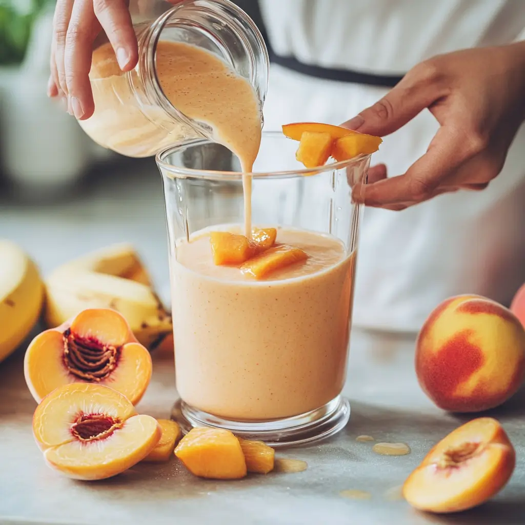 Hands preparing peach smoothie with fresh ingredients