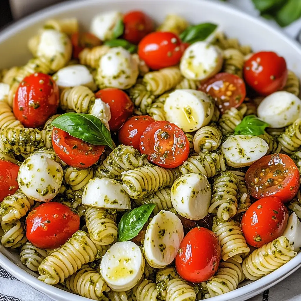 Creamy Caprese Pesto Pasta Salad in a white bowl