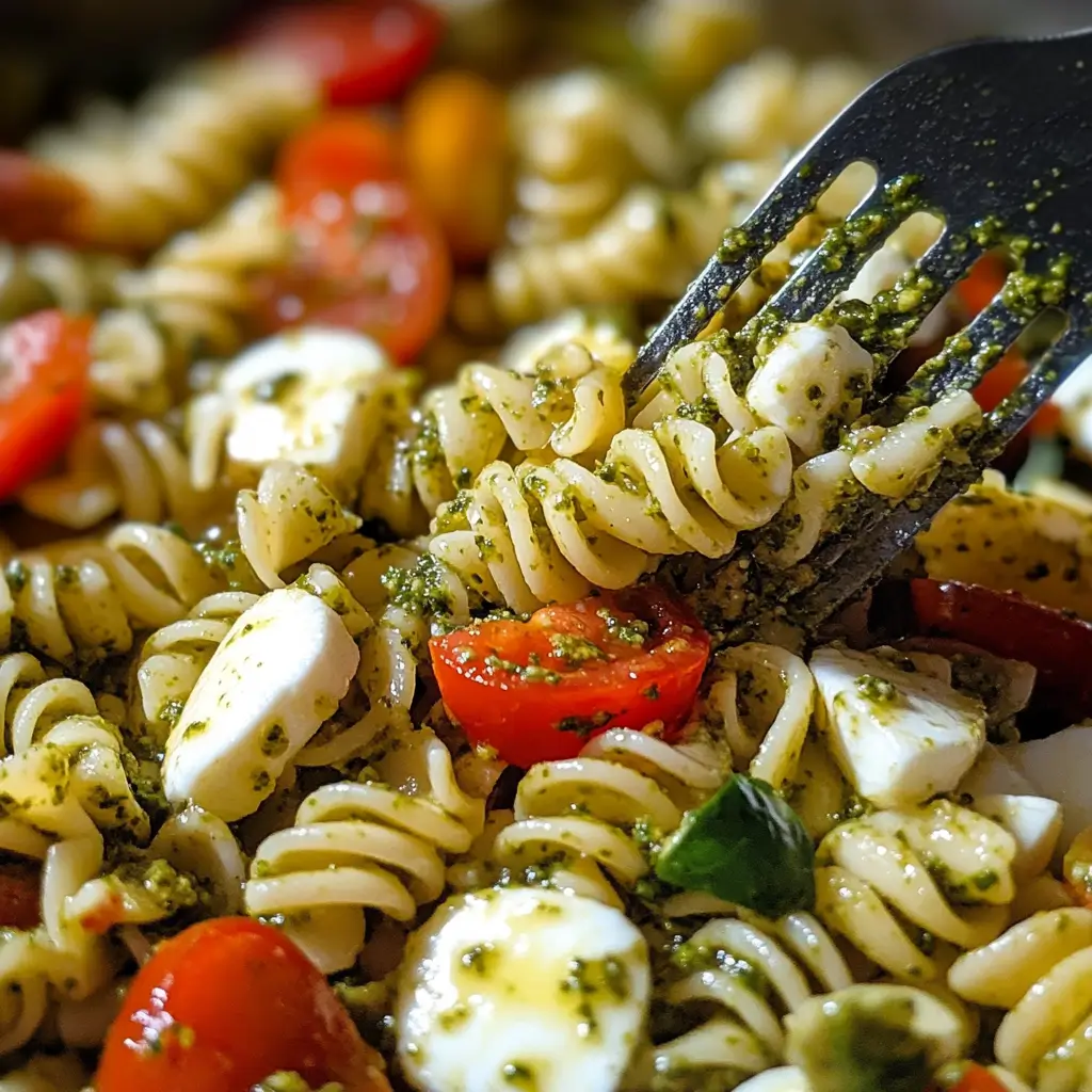 Chef preparing Caprese pesto pasta salad