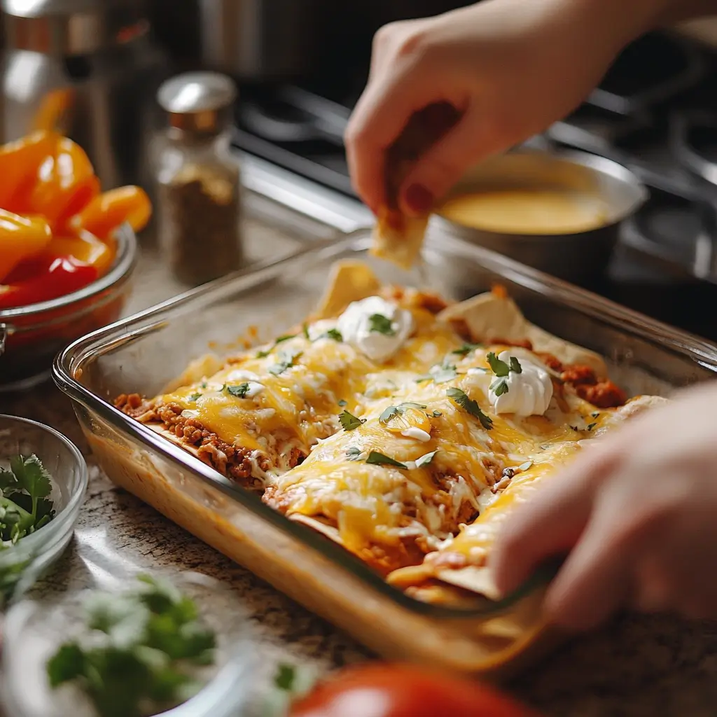 Preparing sour cream enchiladas in a home kitchen