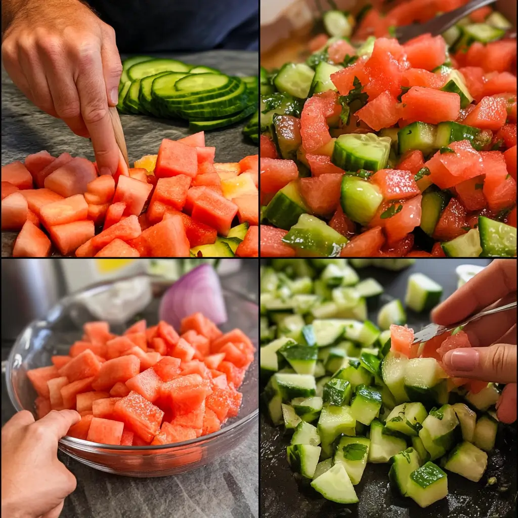 Preparing watermelon cucumber salad in kitchen