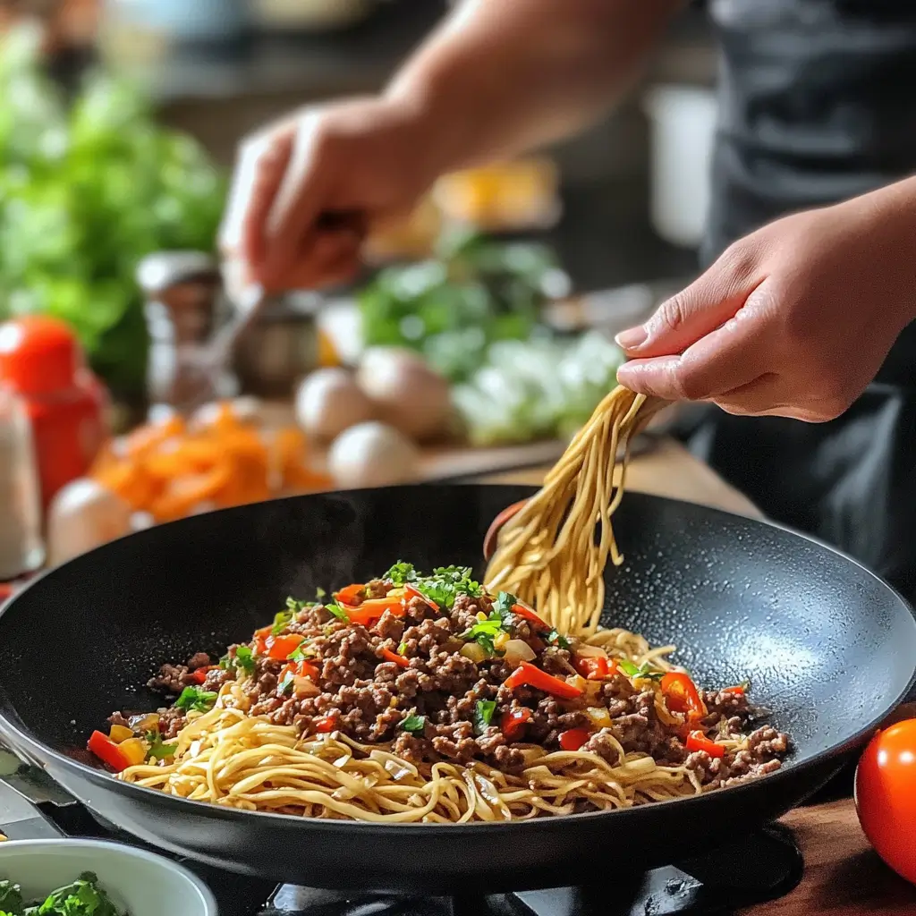 Cooking Mongolian beef noodles step-by-step