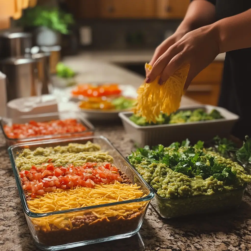 Layering the Taco Dip Preparing American Flag Taco Dip in steps