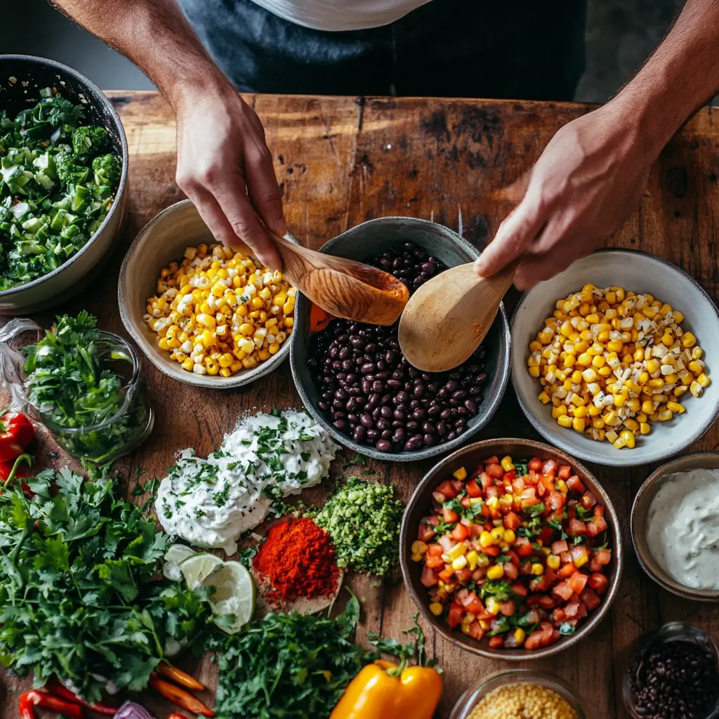 Making the Pasta Salad Preparing black bean corn pasta salad step by step