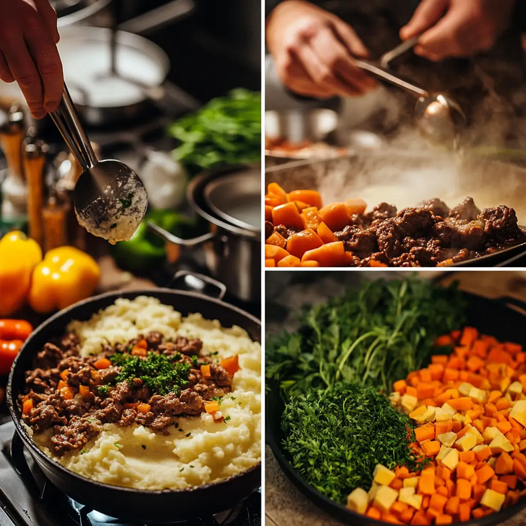 Cooking process of Hearty Shepherd’s Pie in a summer kitchen