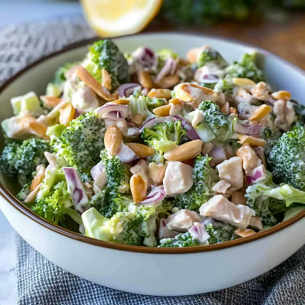 Fresh and colorful vegetarian broccoli salad in a bowl