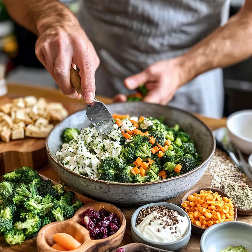 Step-by-step preparation of vegetarian broccoli salad