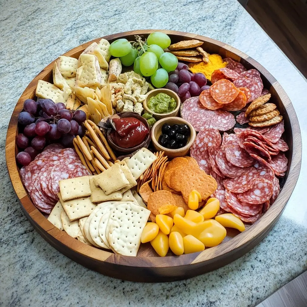 Aldi charcuterie board with meats, cheeses, and fruit