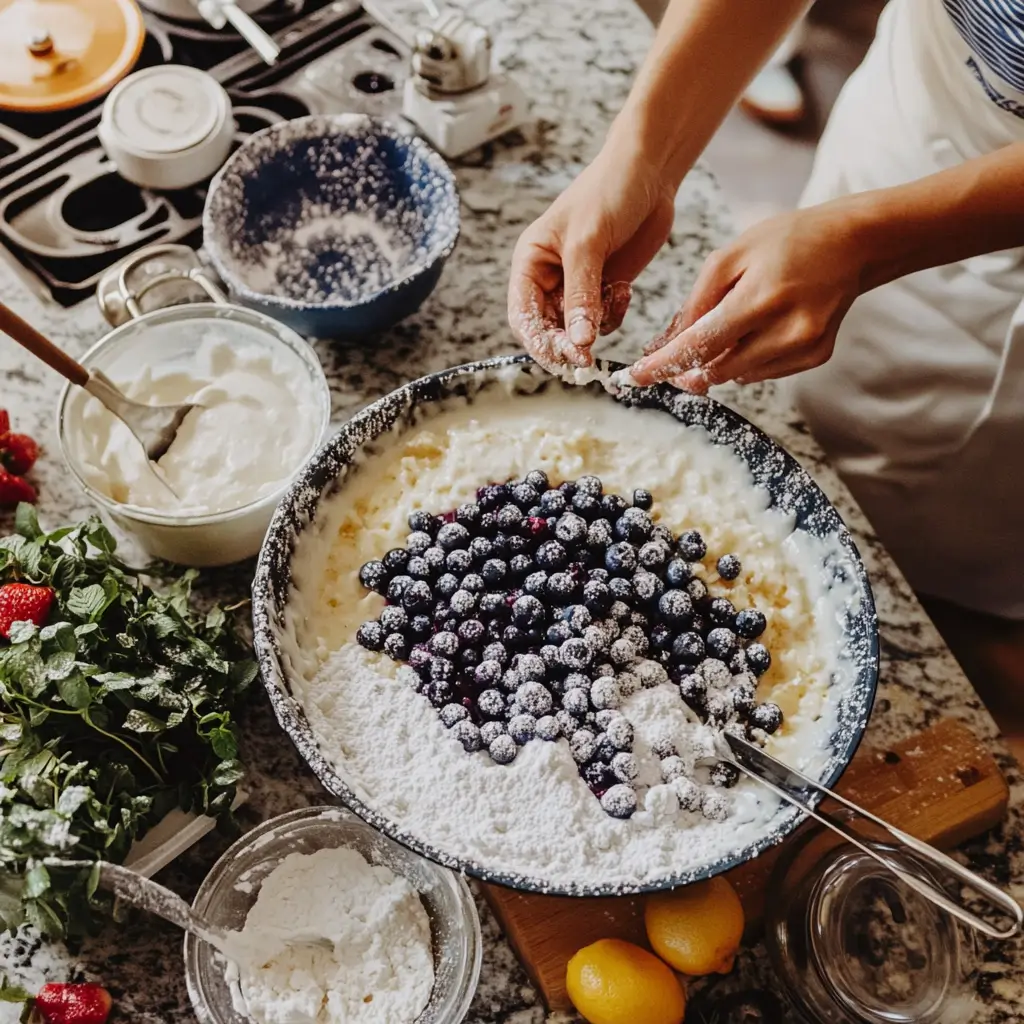 Preparing blueberry pancake casserole