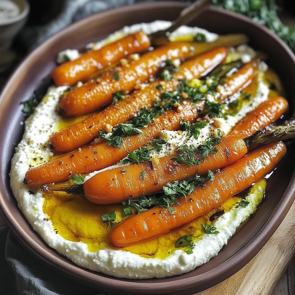 Roasted carrots with whipped ricotta and hot honey served on a spring platter