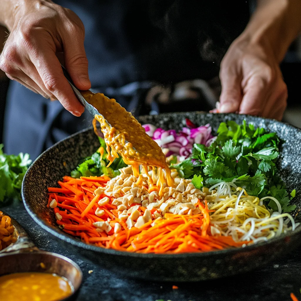 Preparing spring roll salad step by step
