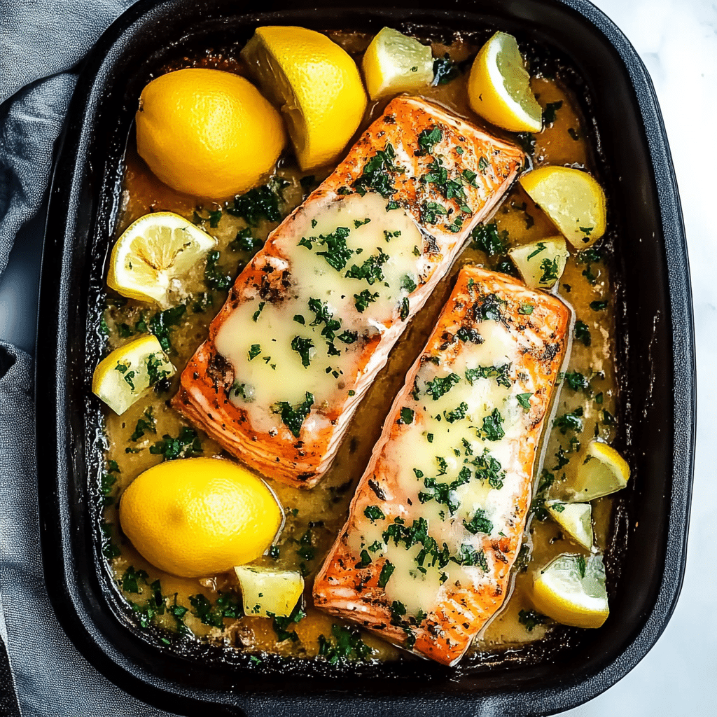 Garlic Butter Baked Salmon plated with lemon
