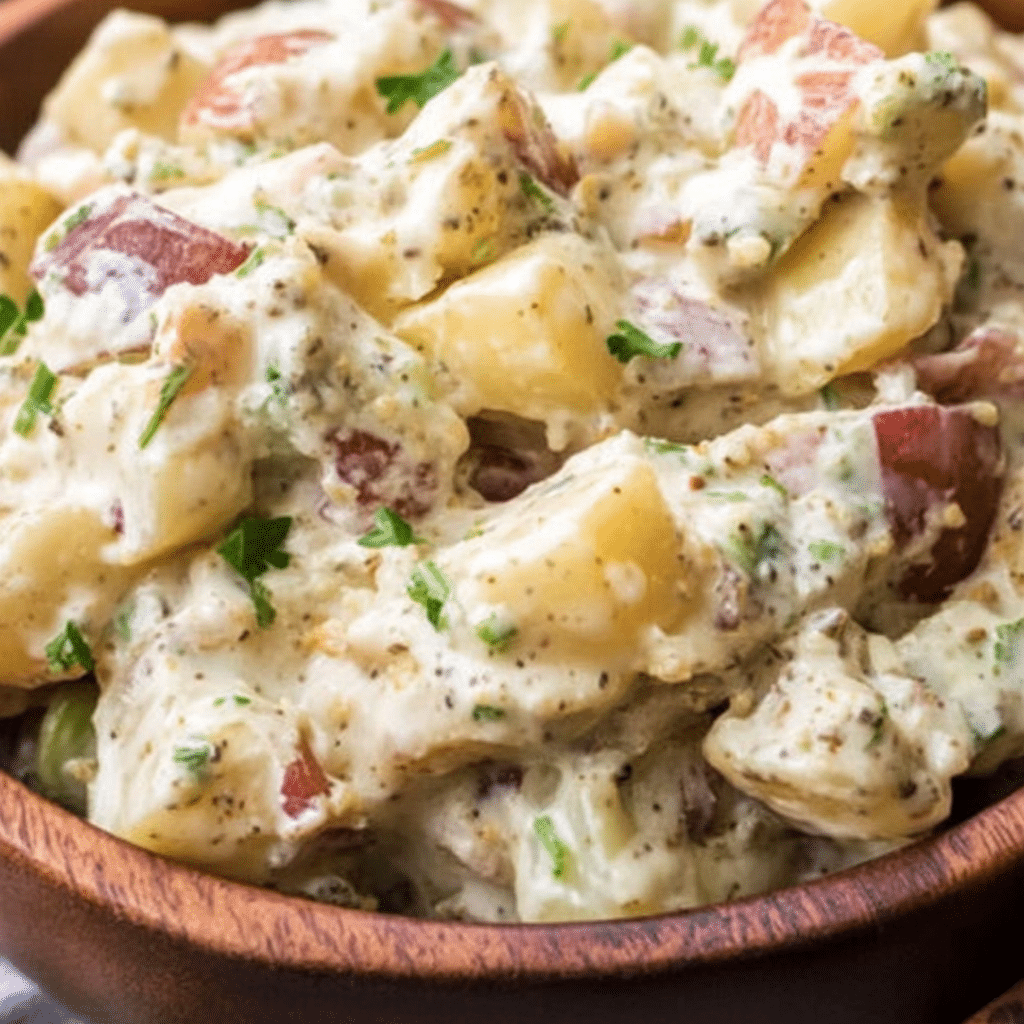 ultimate potato salad recipe in bowl with bacon