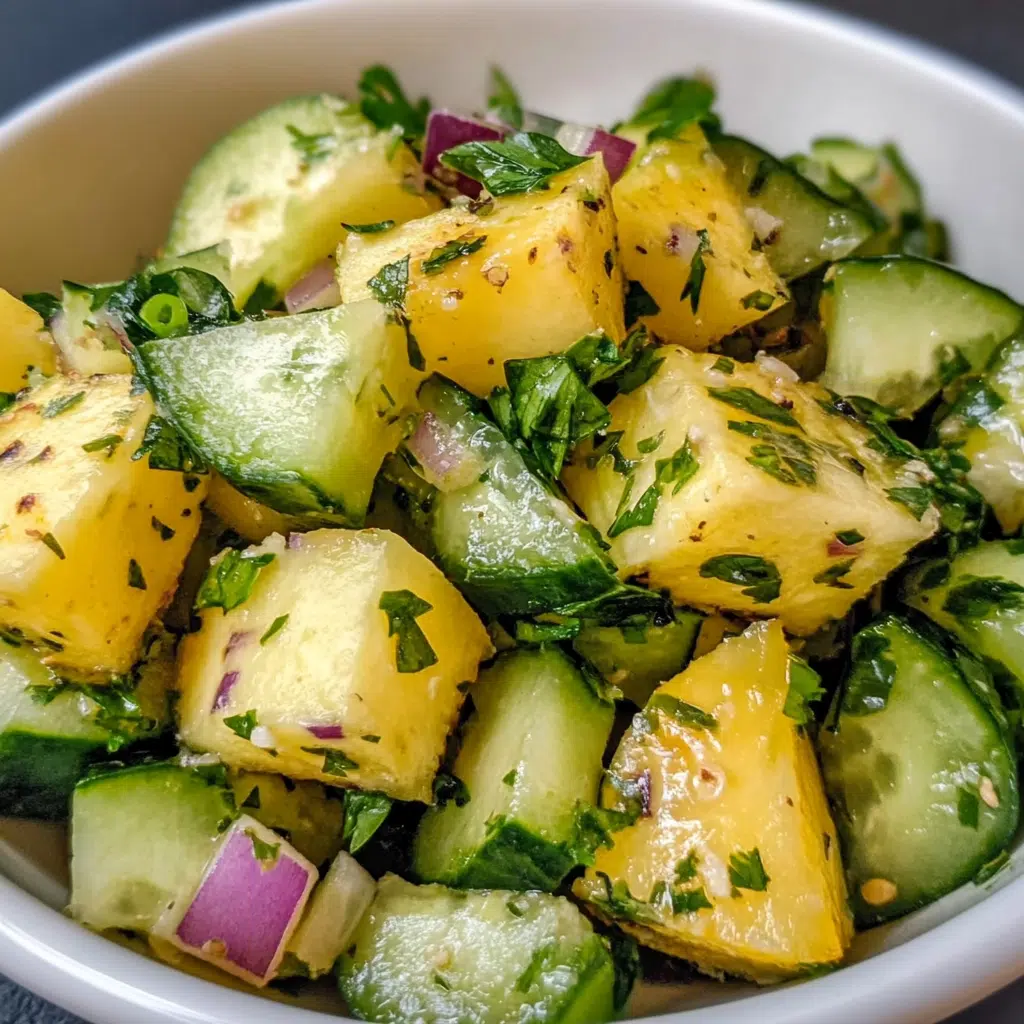 Pineapple cucumber salad in a bowl with lime and herbs