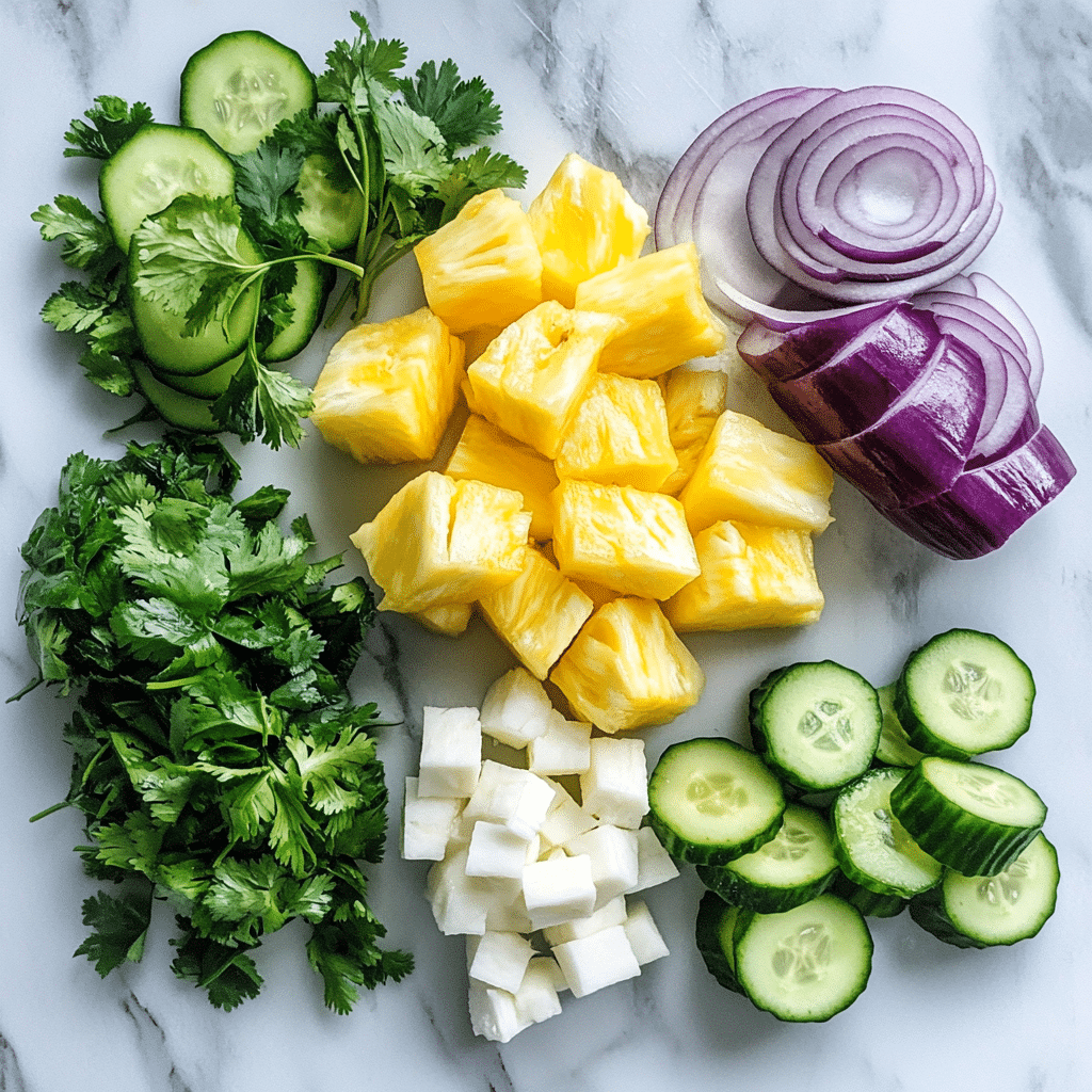 Pineapple cucumber salad ingredients on counter