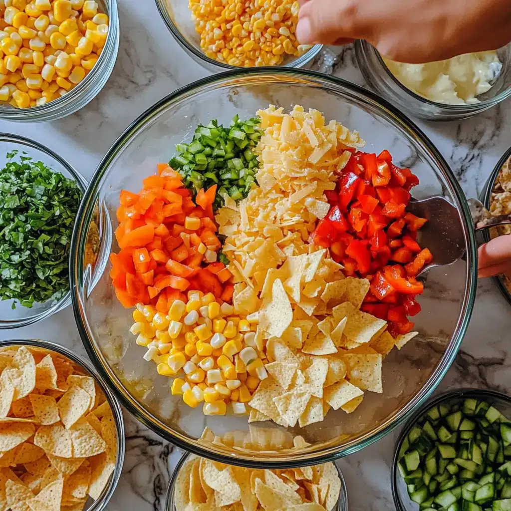 A classic American summer salad featuring sweet corn, creamy dressing, and crunchy corn chips, served at an outdoor barbecue table.