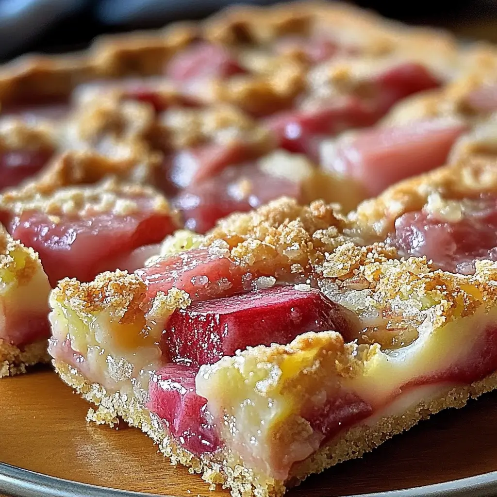 Freshly baked rhubarb custard bars on a rustic table