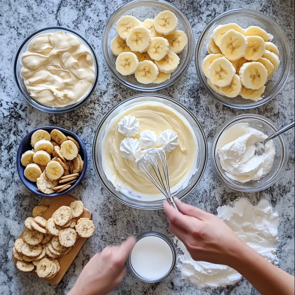 Preparing banana pudding with fresh ingredients