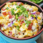 Loaded red potato salad with bacon and cheddar