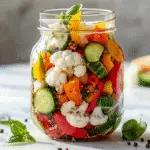 Colorful jar of homemade refrigerator pickled vegetables
