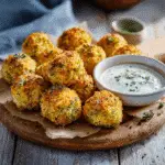 Baked broccoli cheese balls served on a wooden board