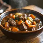 Crock Pot Beef Stew served hot in a rustic bowl