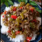 Beef and Pepper Rice Bowl served in rustic bowl