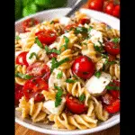 Caprese Pasta Salad served in a rustic bowl with basil and tomatoes