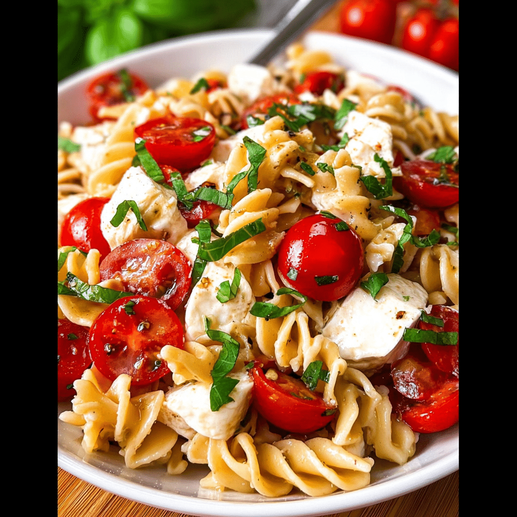 Caprese Pasta Salad served in a rustic bowl with basil and tomatoes