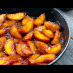 Caramelized skillet peaches in cast iron pan