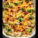 low carb chicken casserole in white baking dish