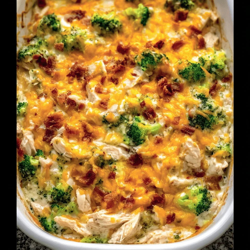 low carb chicken casserole in white baking dish