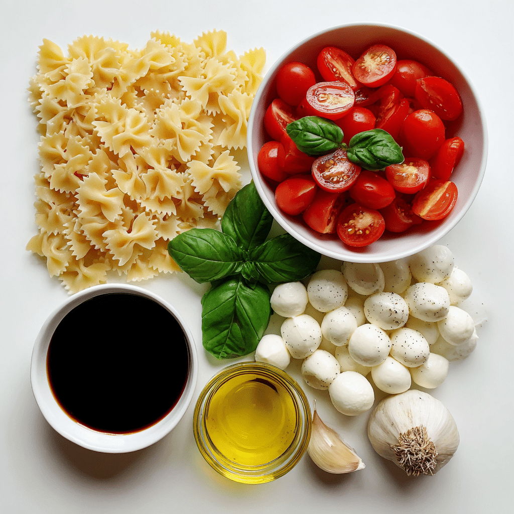 Ingredients for Caprese Pasta Salad arranged flat lay style
