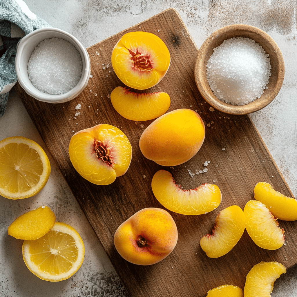 Ingredients used in a no-churn peach sorbet recipe